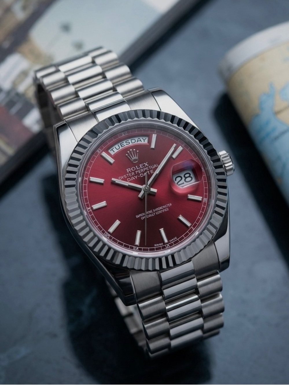 Rolex Day-Date Silver Bracelet with Red Sunburst Dial